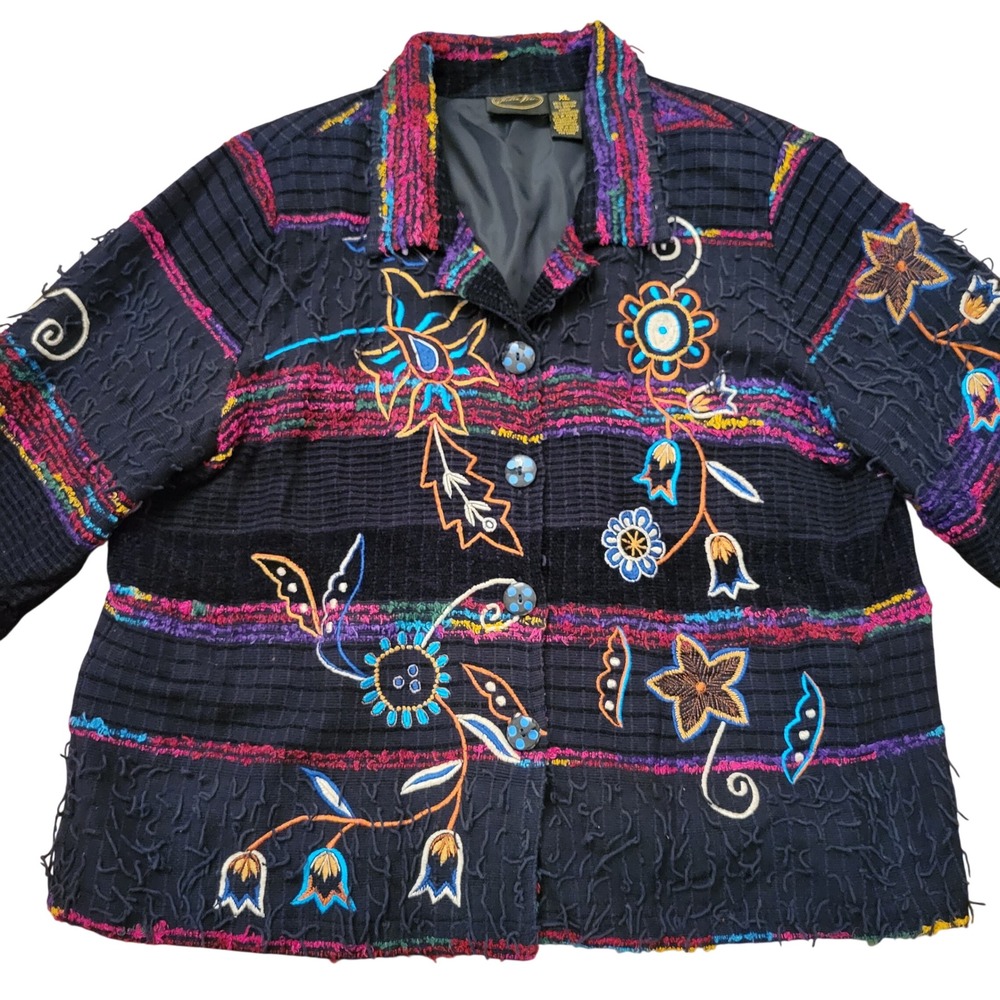 Julia Kim XL Jacket Black Floral Embroidered Corduroy Art to Wear Boho Artsy